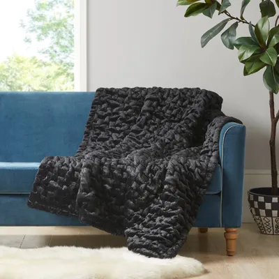 50X60 Ruched Faux Fur Throw Blanket Black - Madison Park