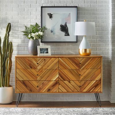 Alexandria 6 Drawer Dresser Oak - Lifestorey: Mid-Century Modern Storage, Rubberwood Veneer, MDF Composite