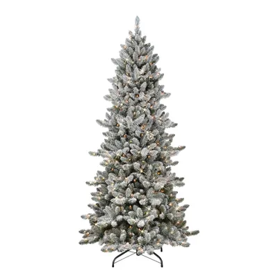 7.5ft Puleo Pre-Lit Flocked Slim Royal Majestic Spruce Artificial Christmas Tree Clear Lights: Hinged, Flame-Retardant, Indoor Use