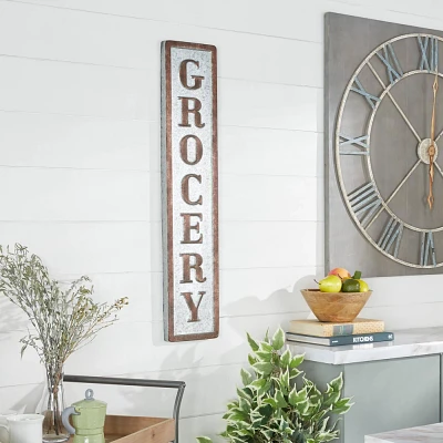 Farmhouse Metal Sign Wall decor Brown/Gray - Olivia & May: Iron GROCERY Vertical Panel