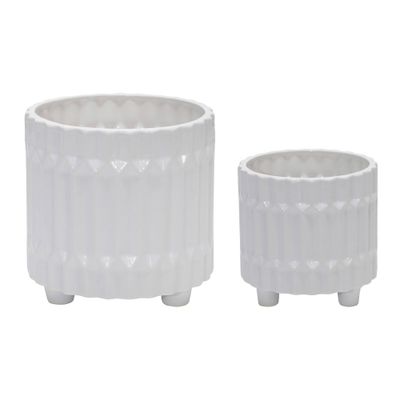 Sagebrook Home 2pc Fluted Ceramic Footed Tall Planter Pot White: Indoor/Outdoor Decor, No Drainage Hole