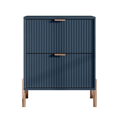 Festivo 2 Drawer Nightstand Navy: Modern Scandinavian Design, Rose Gold Accents, MDF Wood, 26 Height