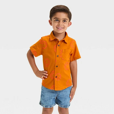 Toddler Boys Short Sleeve Smiley Face Poplin Button Up Woven Shirt