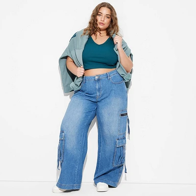 Women Mid-Rie Wide Leg Cargo Baggy Pant