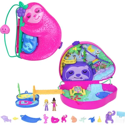 Polly Pocket Dolls and Playset, Travel Toys, Sloth Family 2-in-1 Purse Compact