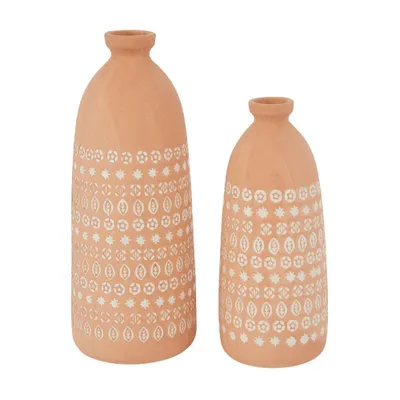 Set of 2 Ceramic Handmade Vase with Star Patterns Pink - Olivia & May: Rustic Stoneware Decorative Amphora Vases