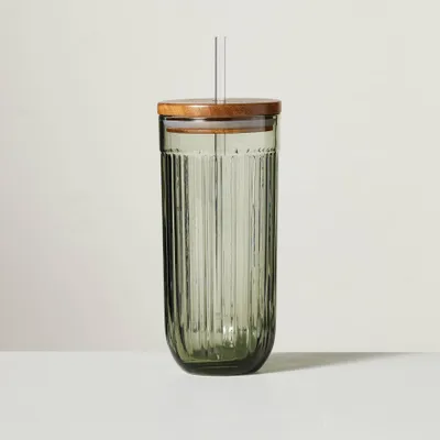 21oz Fluted Glass Tumbler with Wood Lid Green - Hearth & Hand with Magnolia