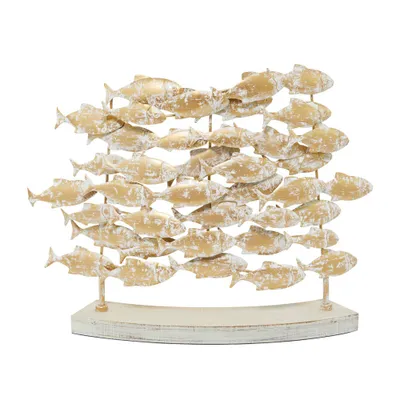 18 x 24 Decorative Coastal Style Carved Metal Fish Sculpture White/Gold - Olivia & May: Iron Artwork for Tabletop Display