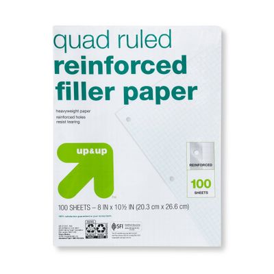 100ct Quad Ruled Filler Paper Reinforced - up&up: Quadrille Ruled, 10.5x8 Inches, White, 20 lb, Loose Leaf, 100 Sheets