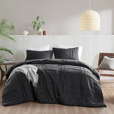 510 Design Full/Queen Porter Soft Washed Durable Pleated Comforter Set Black: Contemporary Microfiber Bedding Set with Shams