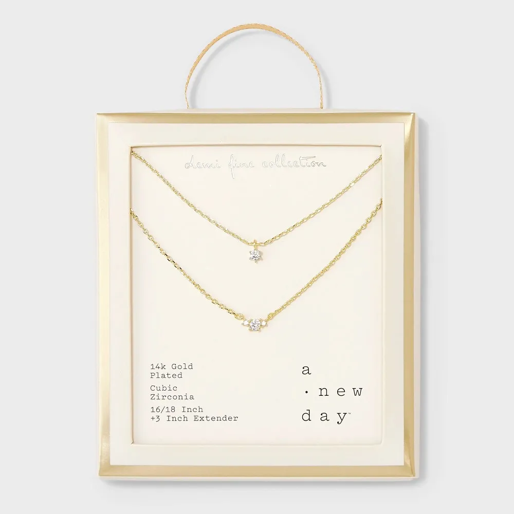 14k Gold Plated Triple Cubic Zirconia Layered Necklace - A New Day Gold