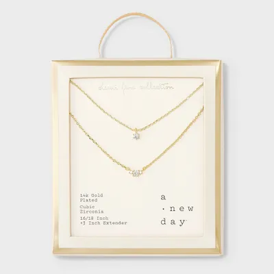 14k Gold Plated Triple Cubic Zirconia Layered Necklace - A New Day Gold