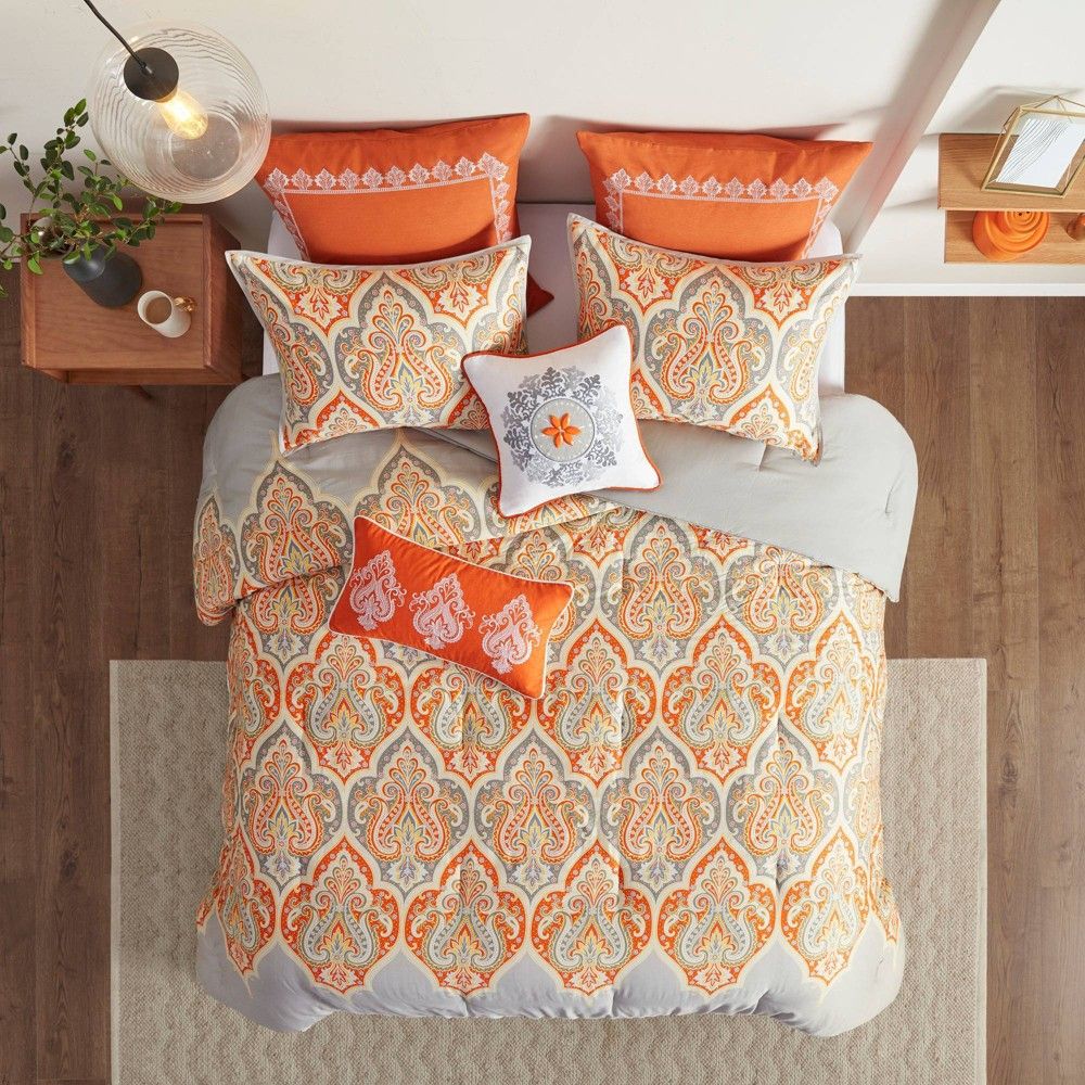 Naomi 7 Piece Comforter Set- Orange (Full/Queen): Madison Park, Cotton Sateen, Embroidered, OEKO-TEX Certified