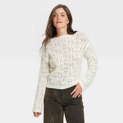 Women Boat Neck Openwork Pullover Sweater