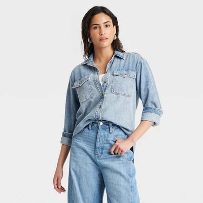 Womens Long Sleeve Oversized Button-Down Denim Shirt