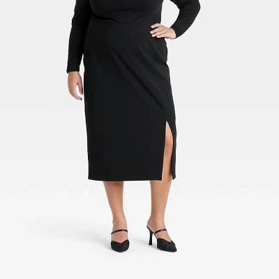 Women Ruched Midi Slit Pencil Skirt