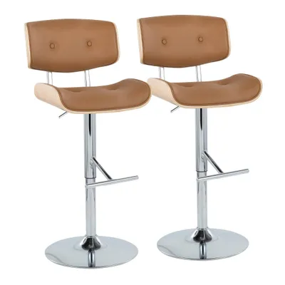 Set of 2 Lombardi Adjustable Barstools Chrome/Natural/Camel - LumiSource: Mid-Century, Swivel, Faux Leather