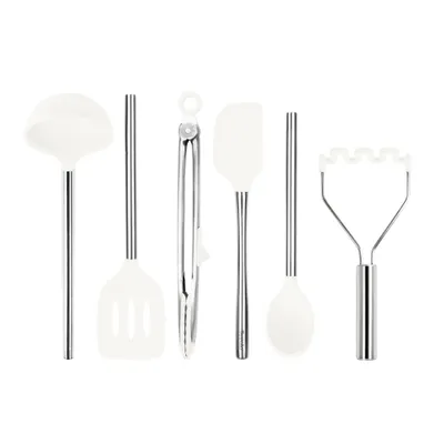 Tovolo 6pc Silicone and Stainless Kitchen Utensil Set White: Cooking Utensils, Slotted Turner, Ladle, Spatula, Spoon, Tongs, Masher