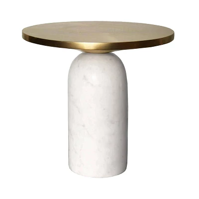 The Urban Port 17 Round Brass Modern Accent End Table with Cylindrical Marble Base Brass/White