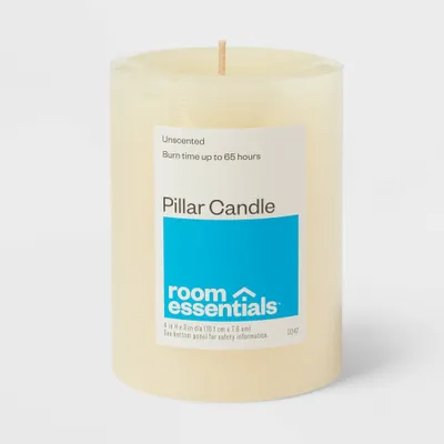 3 x 4 Unscented Candle Cream - Room Essentials: Paraffin Wax, 65 Hours Burn Time, 1 Wick Pillar