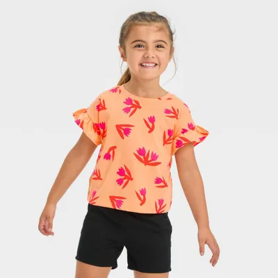 Toddler Girls Floral Tulip T-Shirt - Cat & Jack Peach Orange 12M: Ruffle Sleeve, Jersey