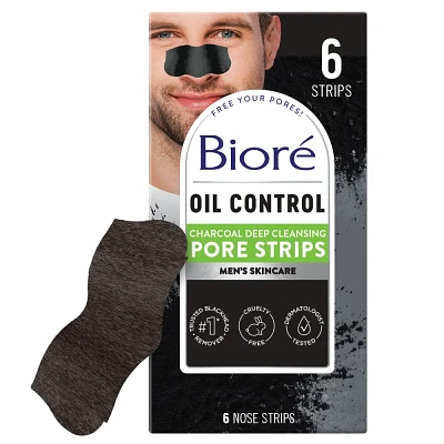 Biore MenS Charcoal Deep Cleansing Pore Strips, Charcoal Blackhead Remover Pore Strips, Nose Strips - 6ct