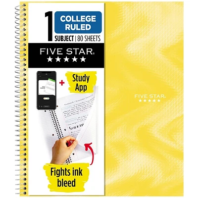 Five Star Active 1 Subject 80ct College Ruled Notebook Yellow: Spiral Single Subject, Flexible Cover, 8.5 x 11 Inch