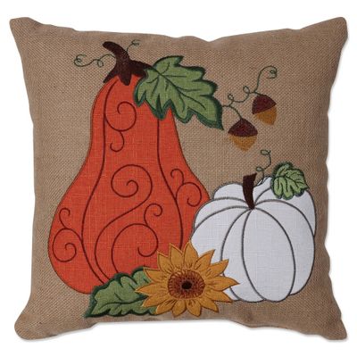 16.5x16.5 Indoor Thanksgiving Pumpkins Square Throw Pillow - Pillow Perfect: Embroidered, Burlap, Rustic