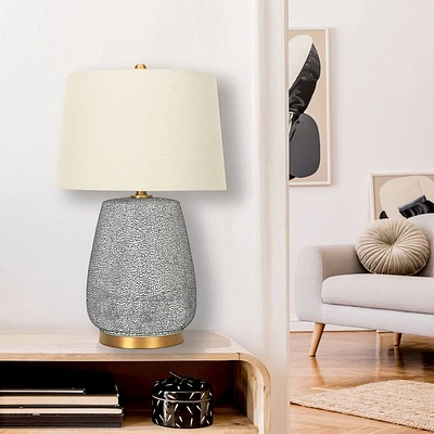 Storied Home Textured Stoneware Table Lamp with Gold Accents and Linen Shade: ETL Listed, Ceramic Body