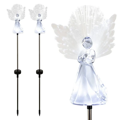 Alpine Corporation LED Solar Angel Fiber Optic Wings Garden Stake Set Novelty Sculpture Lights White