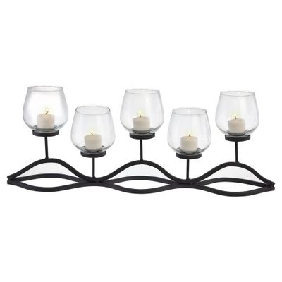 22 x 8 Decorative Iron 5-Tealight Candle Holder Black - Danya B: Glass & Iron, Tabletop Hurricane Centerpiece