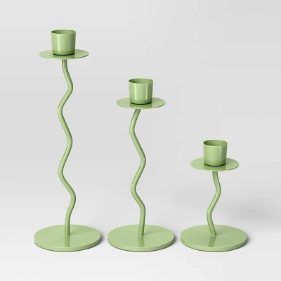 3pc Wavy Taper Candle Holder Green - Room Essentials