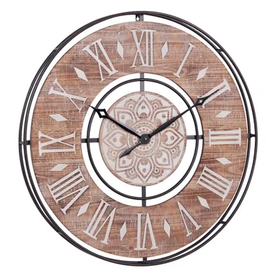 34x34 Metal Wall Clock with Wood Accents Brown - Olivia & May: Silent, Farmhouse Style, Roman Numerals