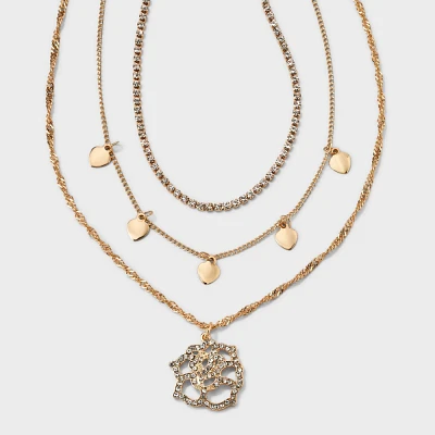 Dainty Chain Crystal and Rose Necklace Set 3pc - Wild Fable Gold