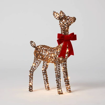 24 LED Faux Rattan Fawn with Red Bow Christmas Novelty Sculpture Light - Wondershop