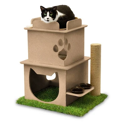 On2Pets Cat Loft with Scratching Post & Feeder Station - Beige