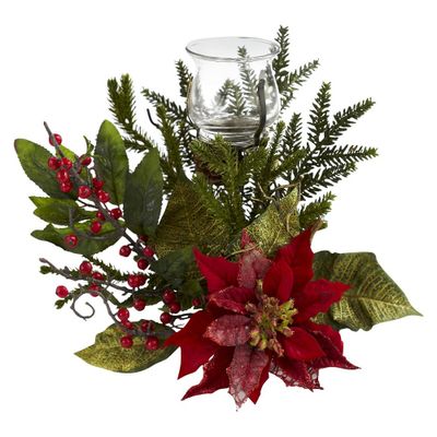 Nearly Natural Poinsettia Candelabrum: Festive Tabletop Christmas Decor with Votive Glass Candelabrum