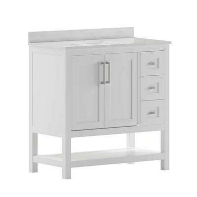 Taylor & Logan 36 Vivien Bathroom Vanity with Open Shelf and 3 Drawers White: Stoneware Surface, Wood Frame, Drop-In Sink