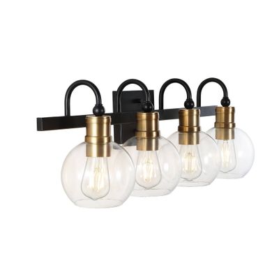 29.75 4-Light Marais Iron/Glass Rustic Vintage LED Vanity Light Black/Gold - JONATHAN Y: Wall Lamp, Bathroom Fixture