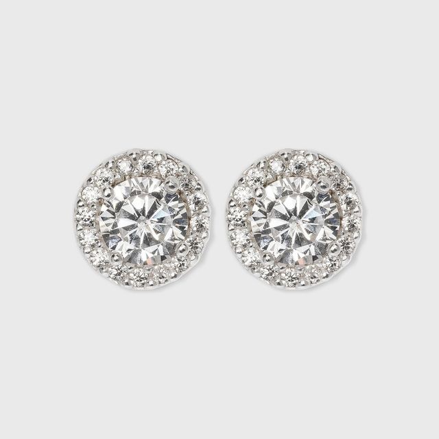 Womens Sterling Silver Cubic Zirconia Round Halo Button Stud Earrings - A New Day Silver/Clear