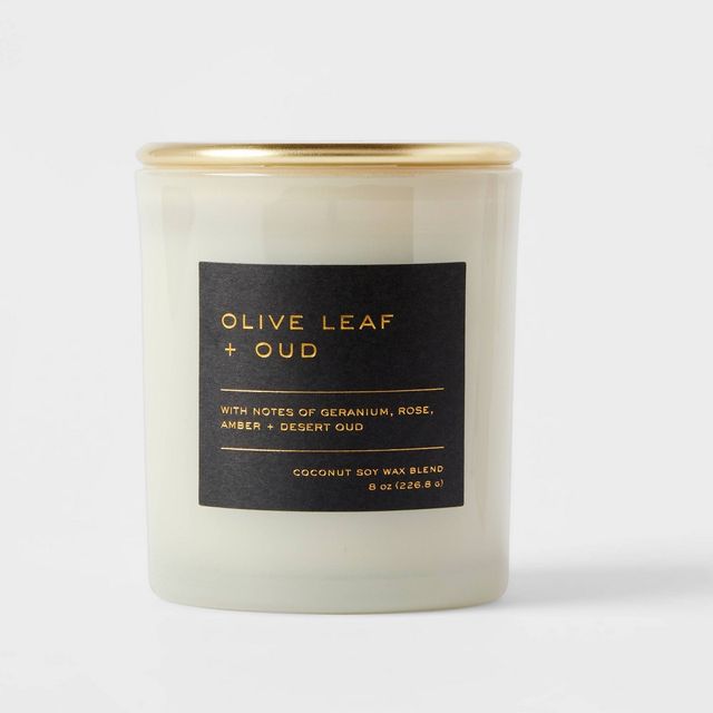 8oz Lidded Glass Jar Black Label Olive Leaf and Oud Candle - Threshold: Soy & Coconut Wax Blend, 30hr Burn Time