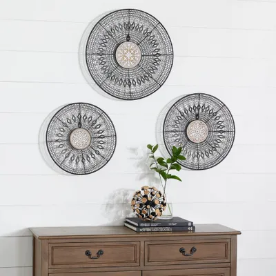 Set of 3 Metal Plate Wall Decors with Intricate Pattern Black - Olivia & May: Bohemian Style, Iron Craftsmanship, Vertical Display