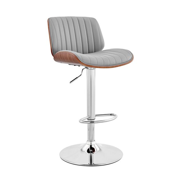 Brock Adjustable Counter Height Barstool with Gray Faux Leather Seat Walnut Finish Back Chrome Base - Armen Living