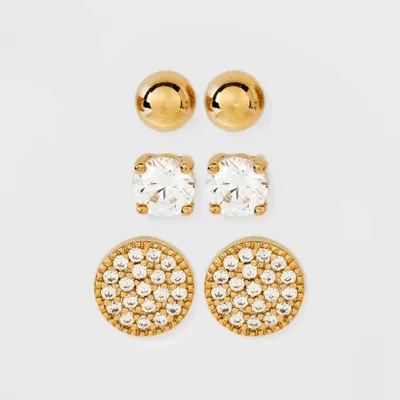 14K Gold Plated Cubic Zirconia Ball Pave Trio Stud Earring Set - A New Day Gold