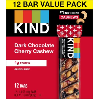 KIND Bars Dark Cherry Cashew Gluten Free Snacks - 12ct