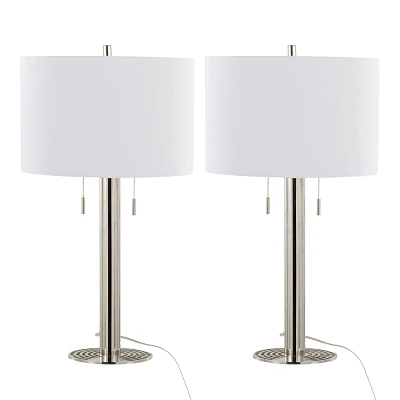 LumiSource (Set of 2) Master 29 Contemporary Table Lamps Polished Nickel and White Linen Shade