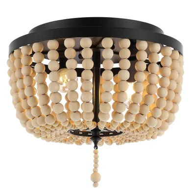 10 2-Light Allison Shabby Chic Farmhouse Wood Beaded/Metal LED Flush Mount Black/Cream - JONATHAN Y: UL Listed, Includes Mounting Hardware