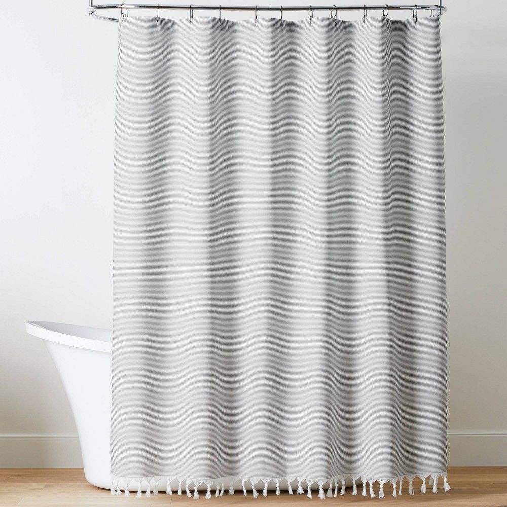 Ticking Stripe Woven Shower Curtain Gray/Cream - Hearth & Hand with Magnolia: Farmhouse Style, Recycled Polyester, Machine Washable