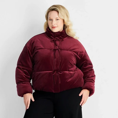 Womens Velvet Bow-Tie Puffer Jacket