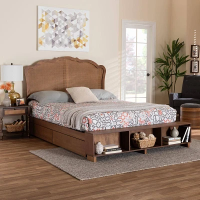 Baxton Studio King Latrell Wood and Rattan Storage Bed Walnut Brown